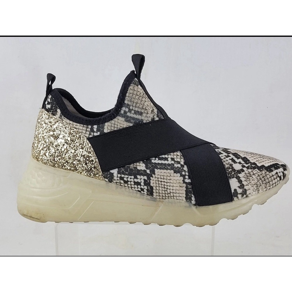 Steve Madden Women Snakeskin Gold Glitter Slip On Sneakers Translucent Sole